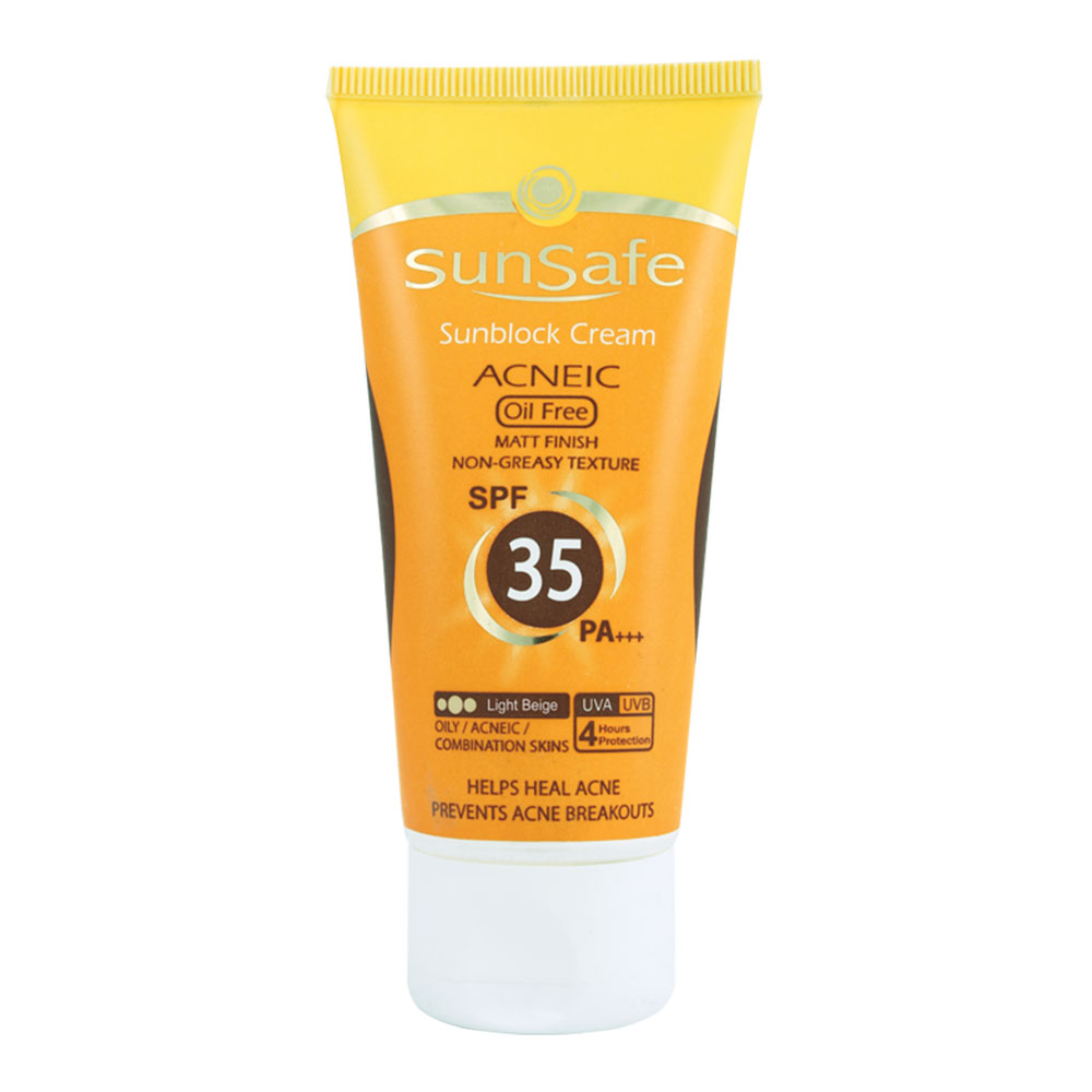 کرم ضدآفتاب spf35  فاقد چربی مناسب برای پوست های چرب و آکنه ای کرم پودری بژروشن سان سیف 